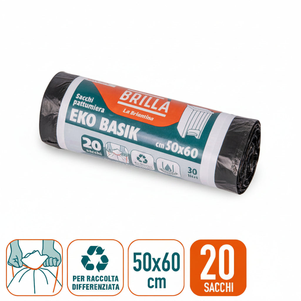Brilllà Sacchi Pattumiera Ekobasik 50X60Cm 20Pz C/Legaccio in Vari Colori
