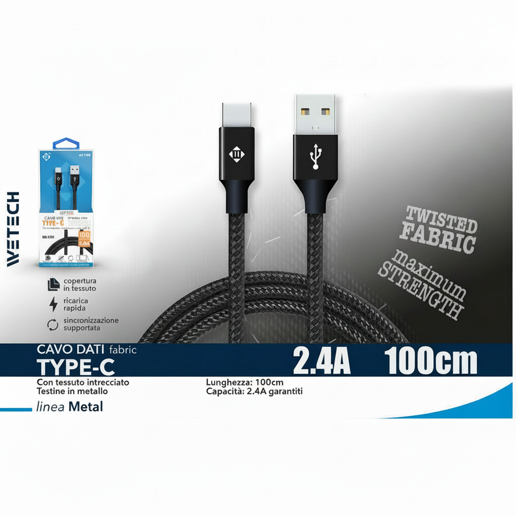 Wetech Cavo Usb C Febric 100Cm 2.4A-Nero