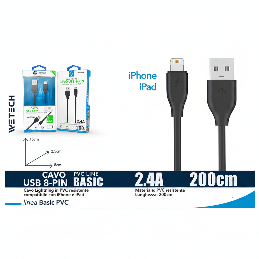 Wetech Cavo Lightning Basic 2.4A 200Cm-Nero