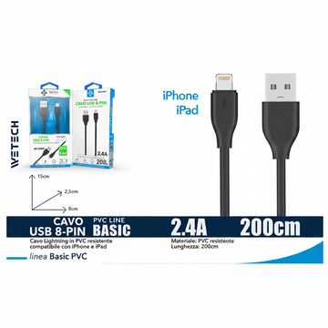 Wetech Cavo Lightning Basic 2.4A 200Cm-Nero