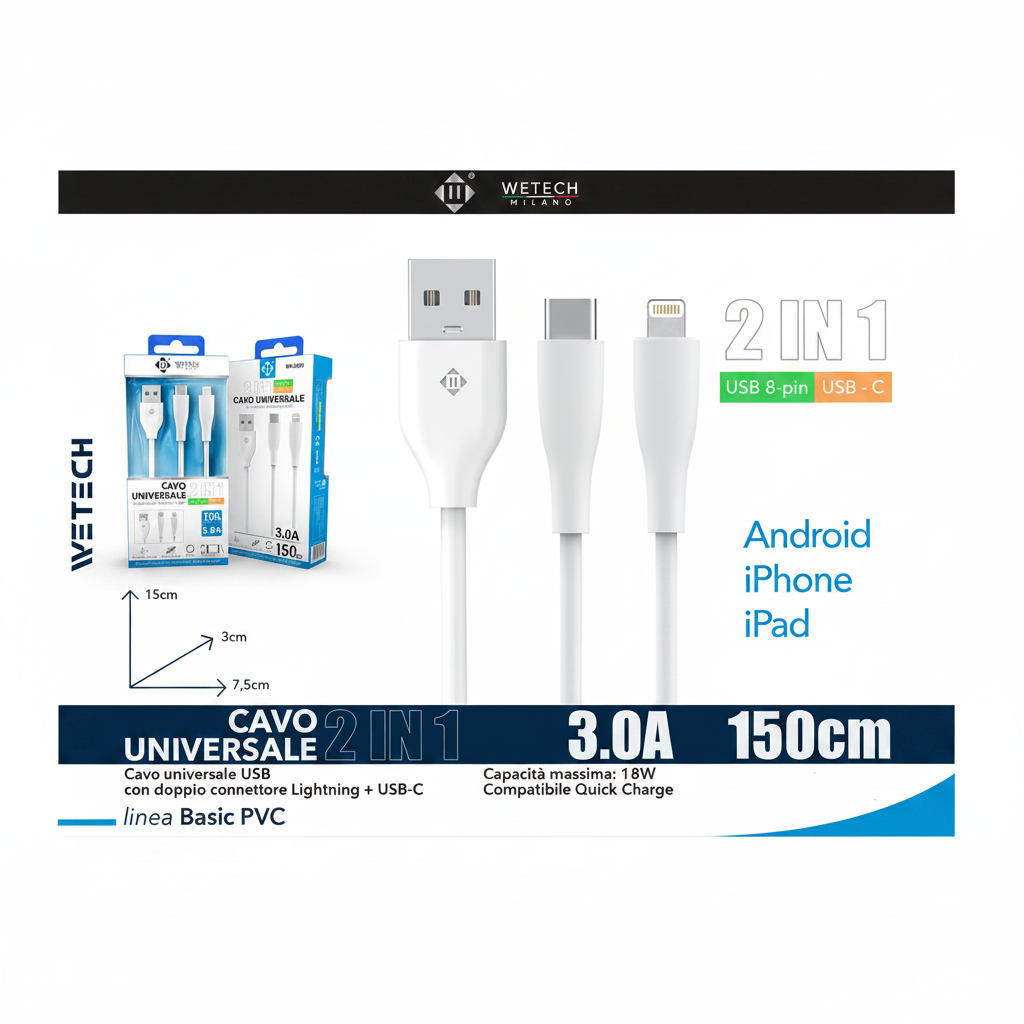 Wetech Cavo 2 In 1 Usb 8Pin  C 150Cm