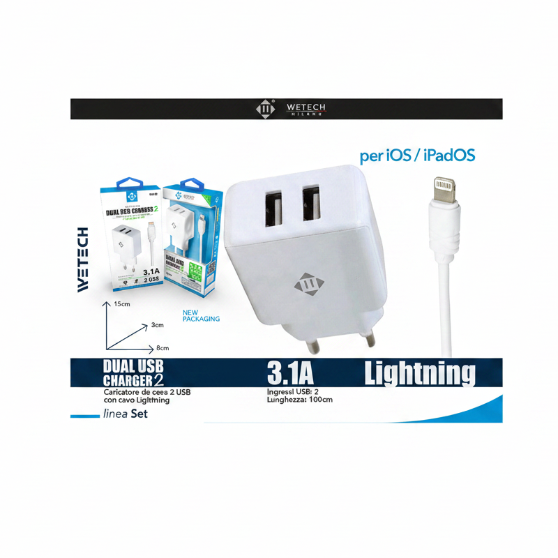 Wetech Set Casa Caricatore 2 Usb 2.4A + Cavo Lightning