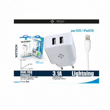Wetech Set Casa Caricatore 2 Usb 2.4A + Cavo Lightning