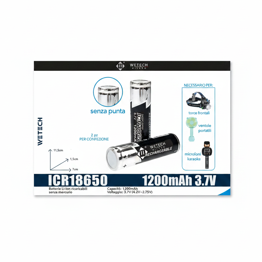 Wetech Batteria Li-Ion Ricaricabile Icr18650-1200Mah Senza P