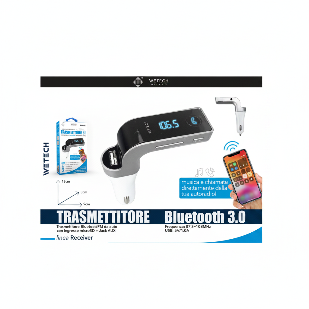 Wetech Trasmettitore Bluetooth Da Auto + Usb Wd04N