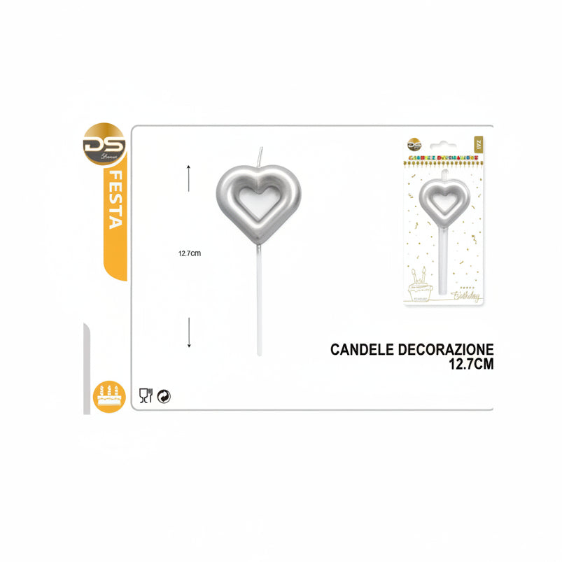 Dz - Party Candela Decorata Forma Cuore Argento 13Cm