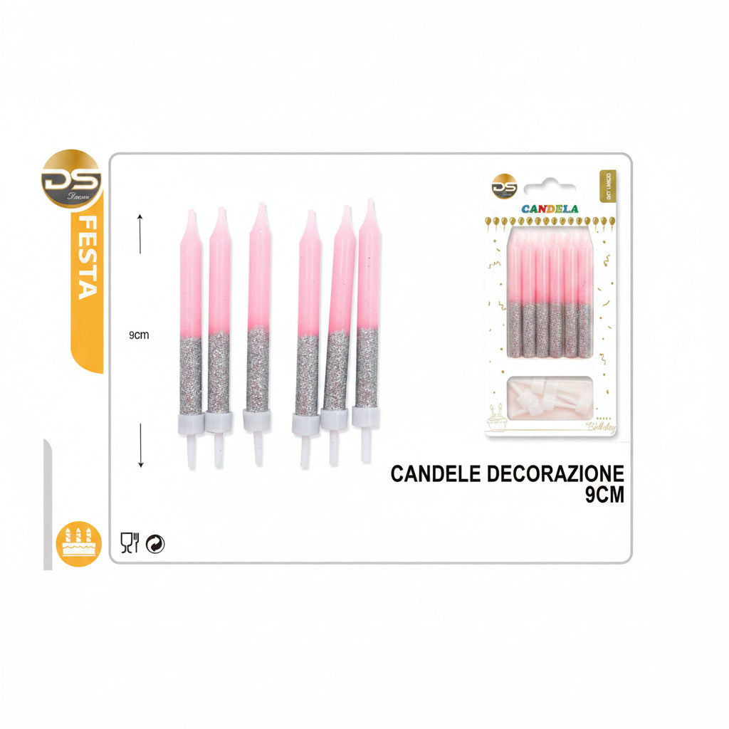 Dz - Party Candele Decorate Rosa Glitter 7.8Cm 6Pz