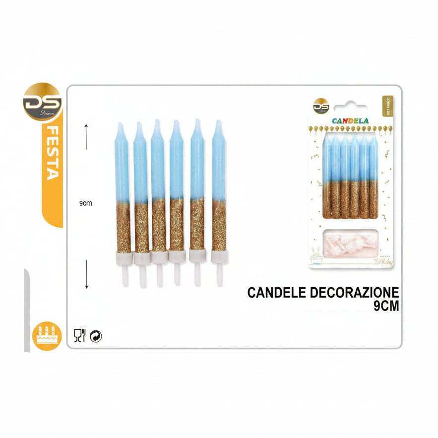 Dz - Party Candele Decorate Azzurro Glitter 7.8Cm 6Pz
