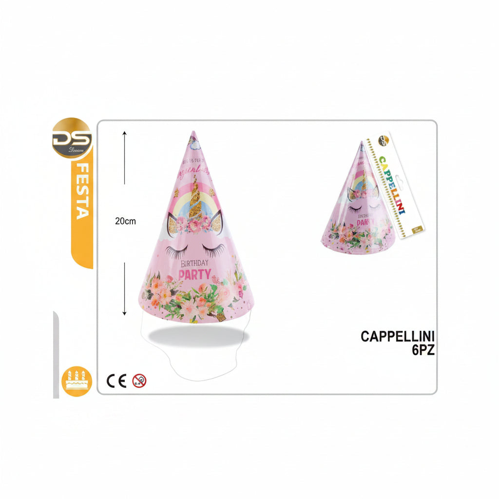 Dz - Party Cappellini Unicorno 20Cm 6Pz