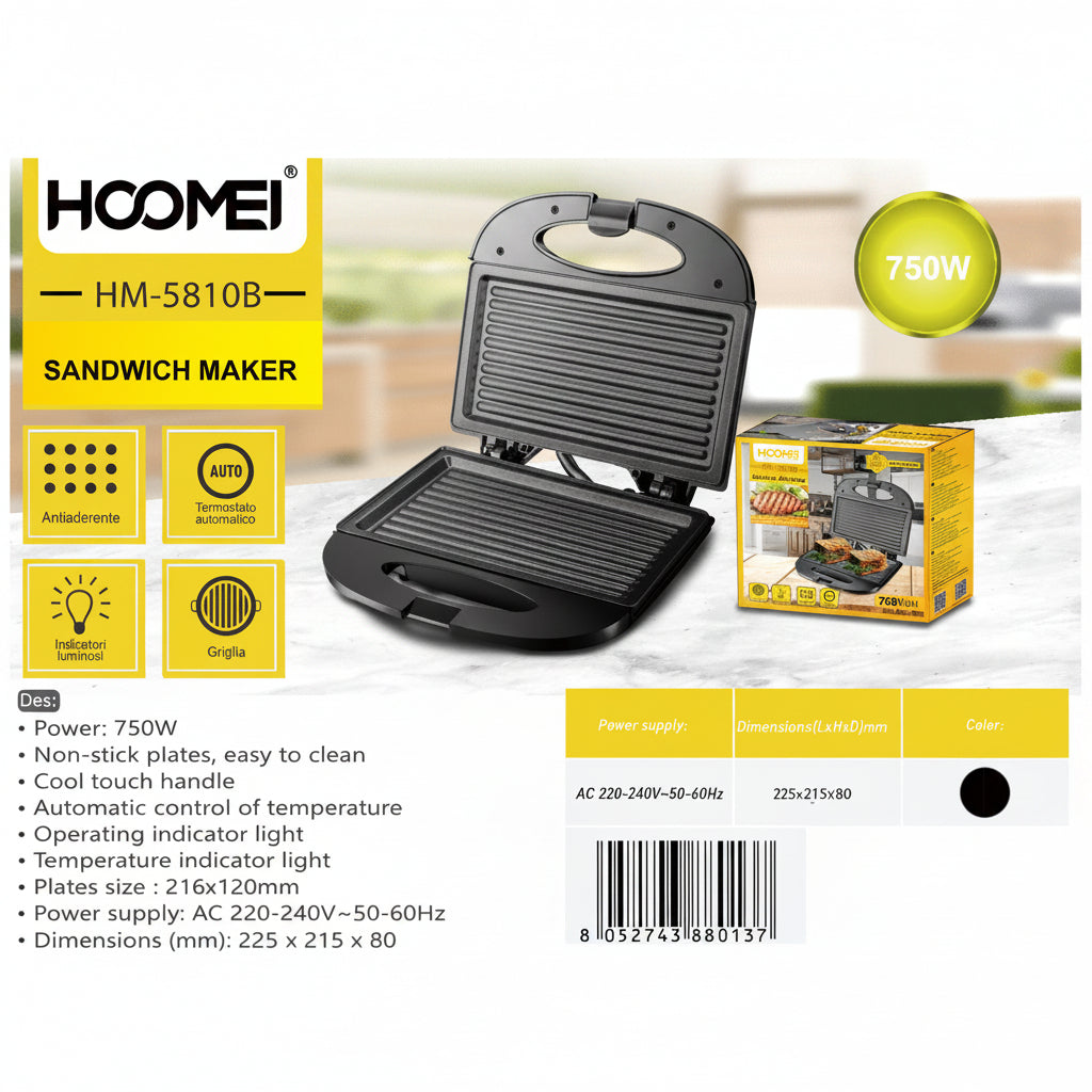 Hoomei - Piastra Tostiera Elettrica Per Toast 750W Hm-5810