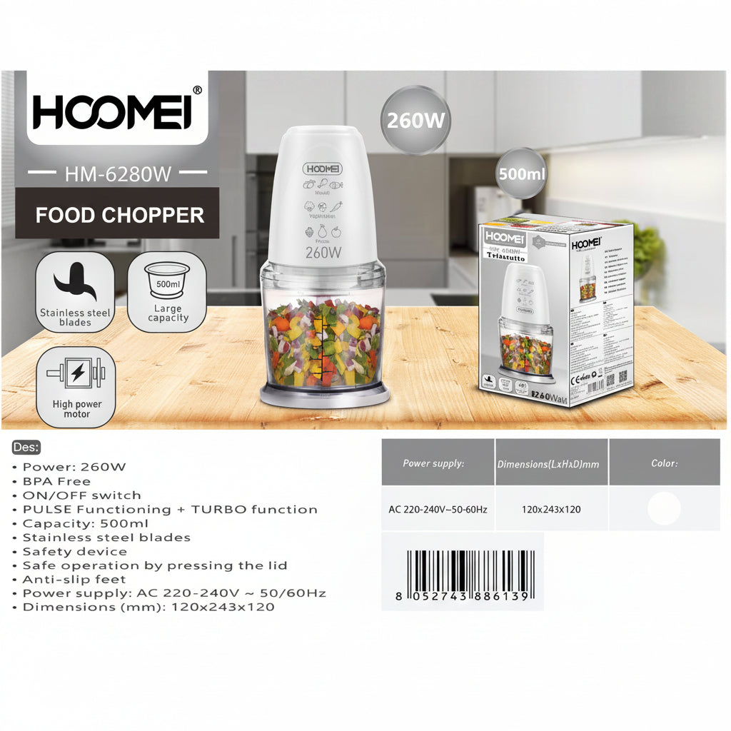 Hoomei - Tritatutto 260W 500Ml 120x243x120 mm