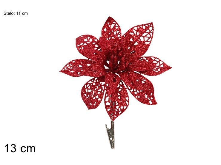Christmas Fiore Con Pinzetta Rosso Glitterato Diam 13Cm