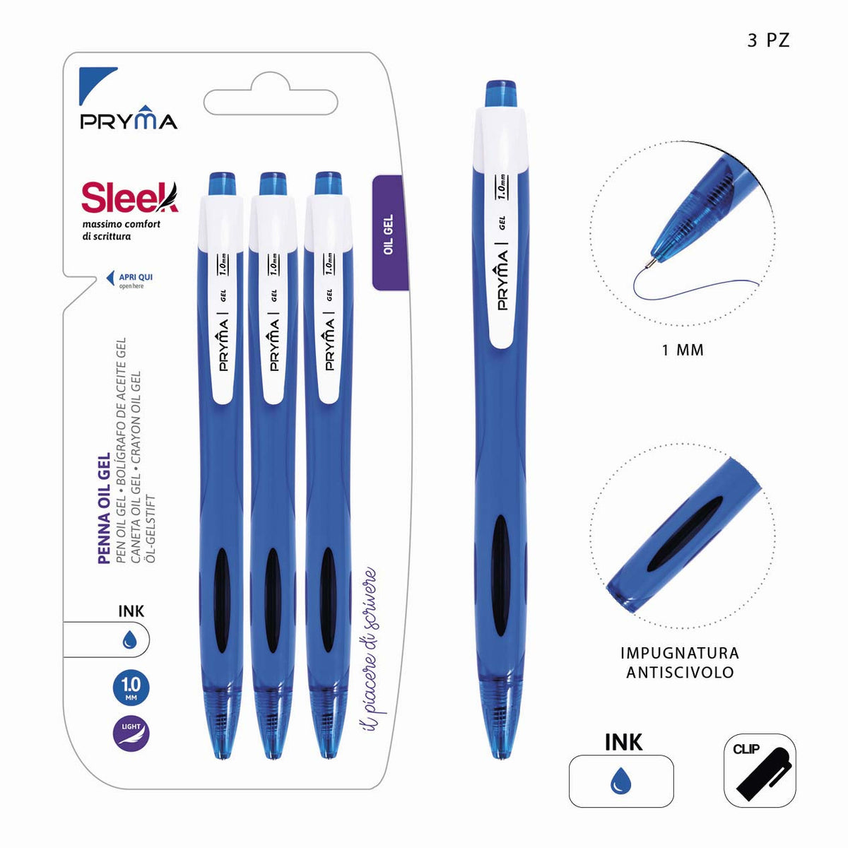 Pryma - Penna Olio Gel 1.0Mm 3Pz Blu